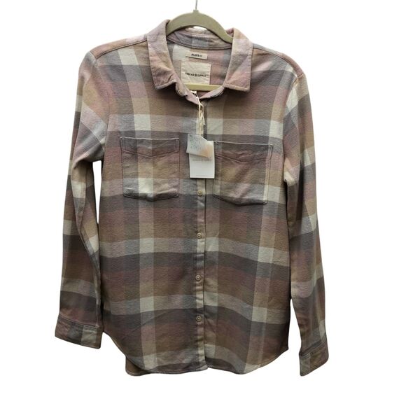Thread & Supply Shirt Shacket Womens S Pink Gray Plaid Button Up‎ Soft Flannel - Picture 2 of 11